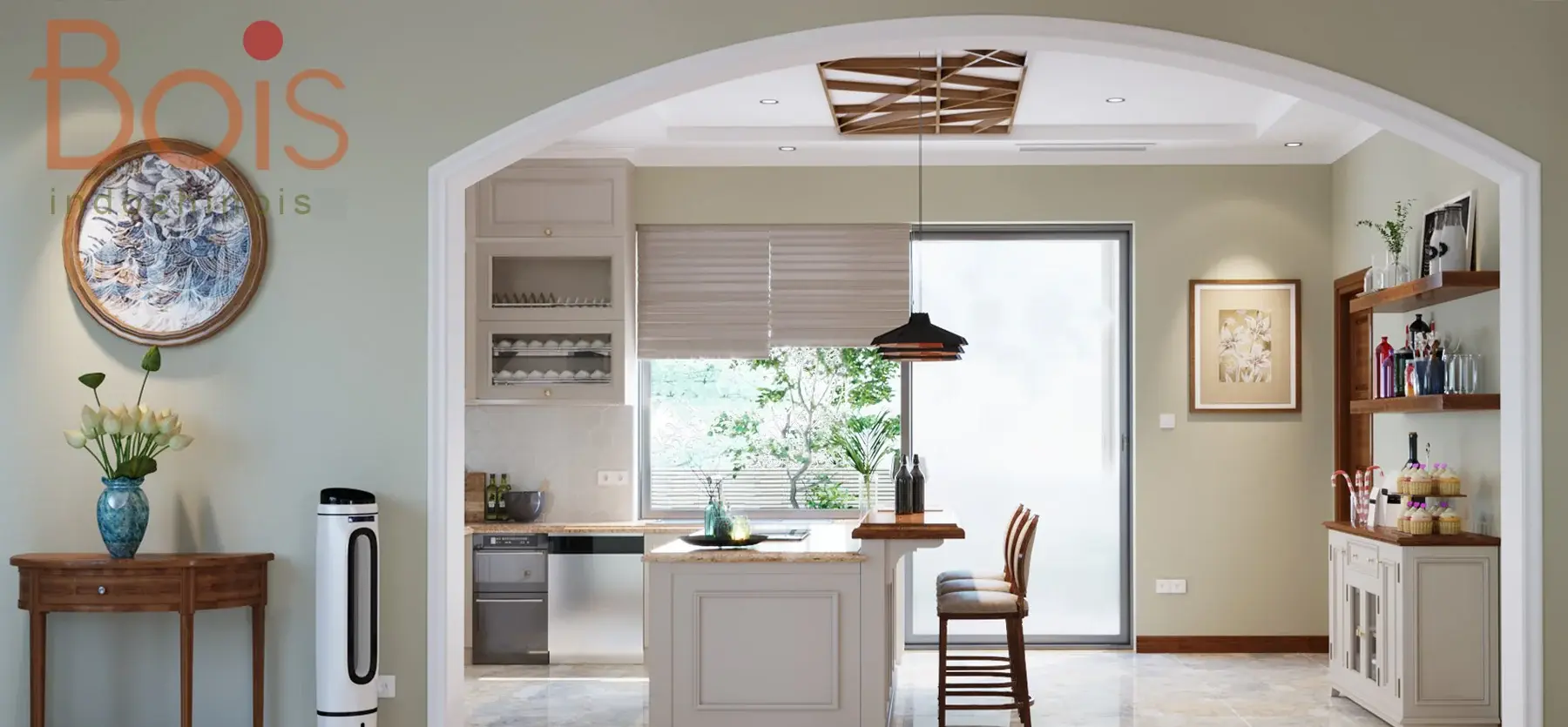Phối cảnh thiết kế — Khung vòm mở từ khu ngồi sang quầy bếp và cửa sổ.