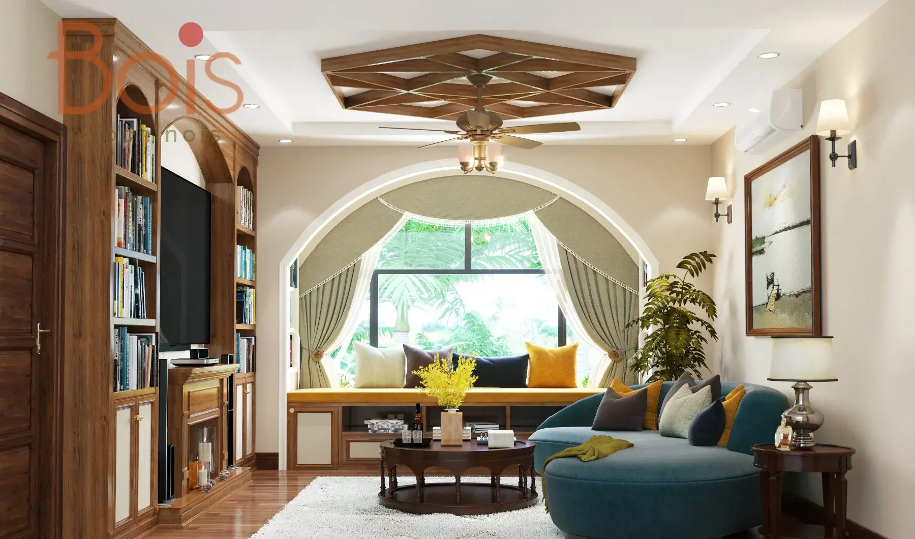 Phối cảnh thiết kế — Cửa vòm lớn và góc ngồi cạnh cửa sổ trong phòng sinh hoạt chung.