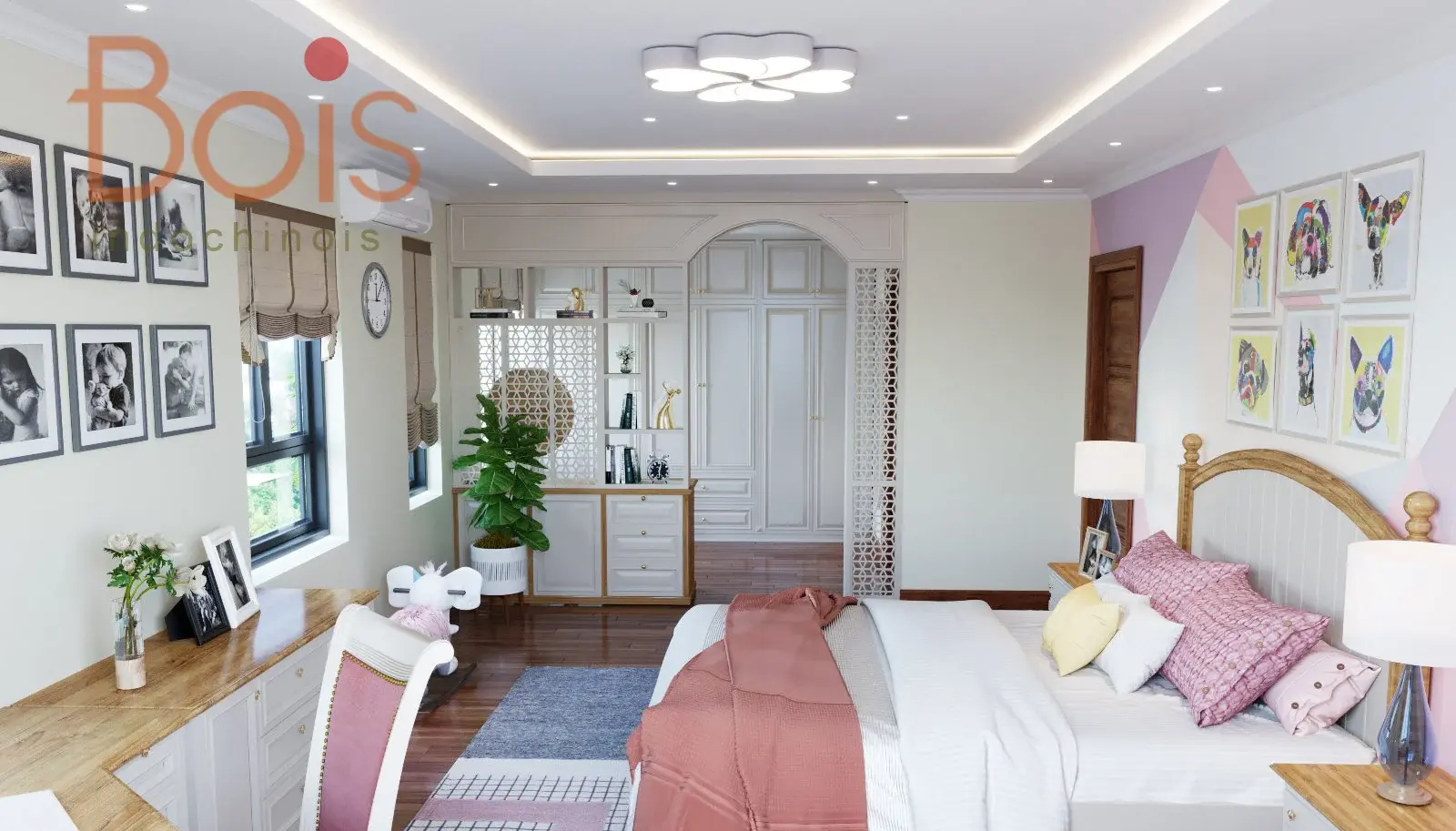 Phối cảnh thiết kế — Hệ tủ sáng màu ở phía đối diện cửa sổ.
