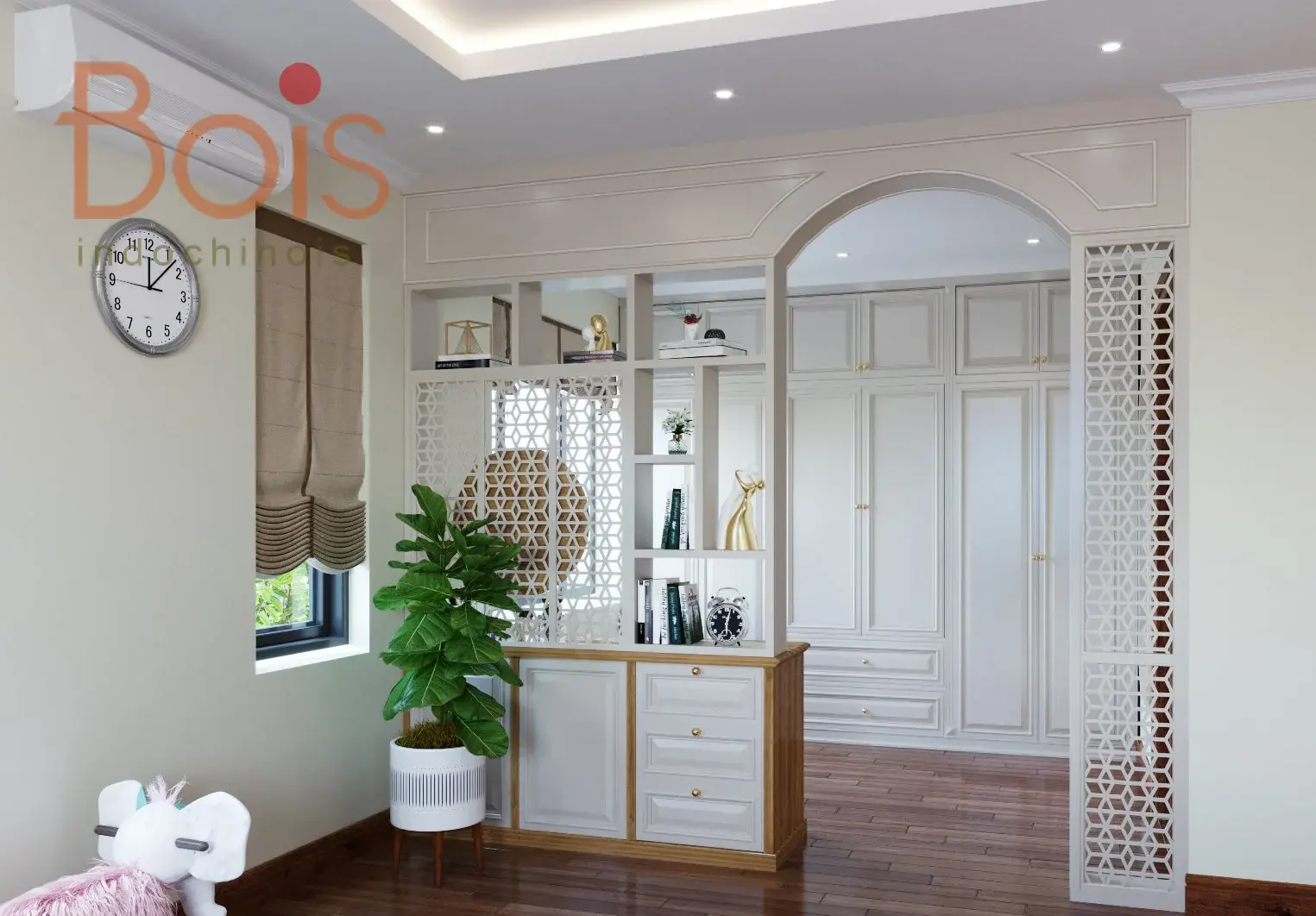 Phối cảnh thiết kế — Hệ cửa vòm và vách trang trí trong phòng ngủ con gái.