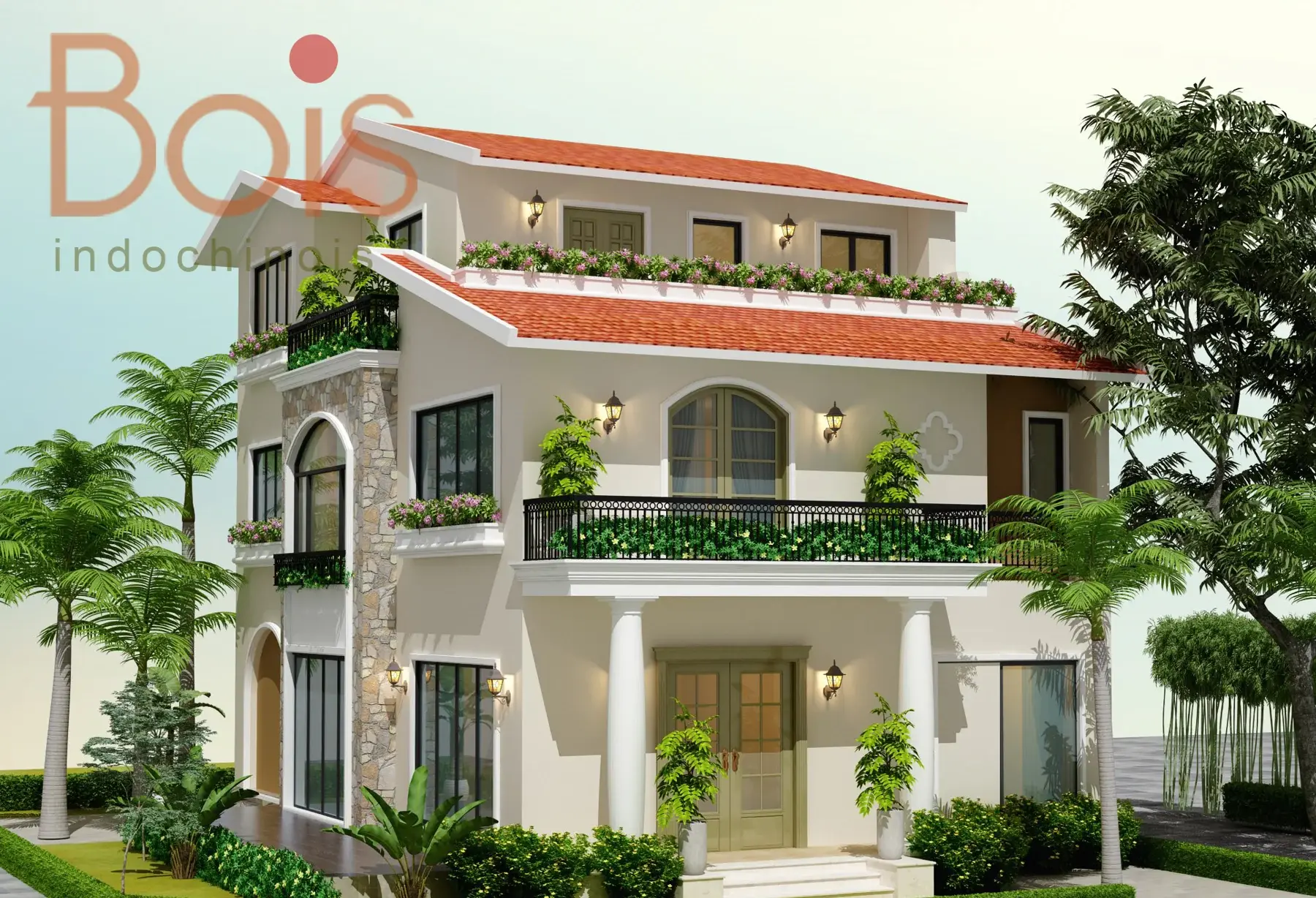 Phối cảnh thiết kế — Một phương án ngoại thất khác có chi tiết mái khác với góc phối cảnh còn lại.