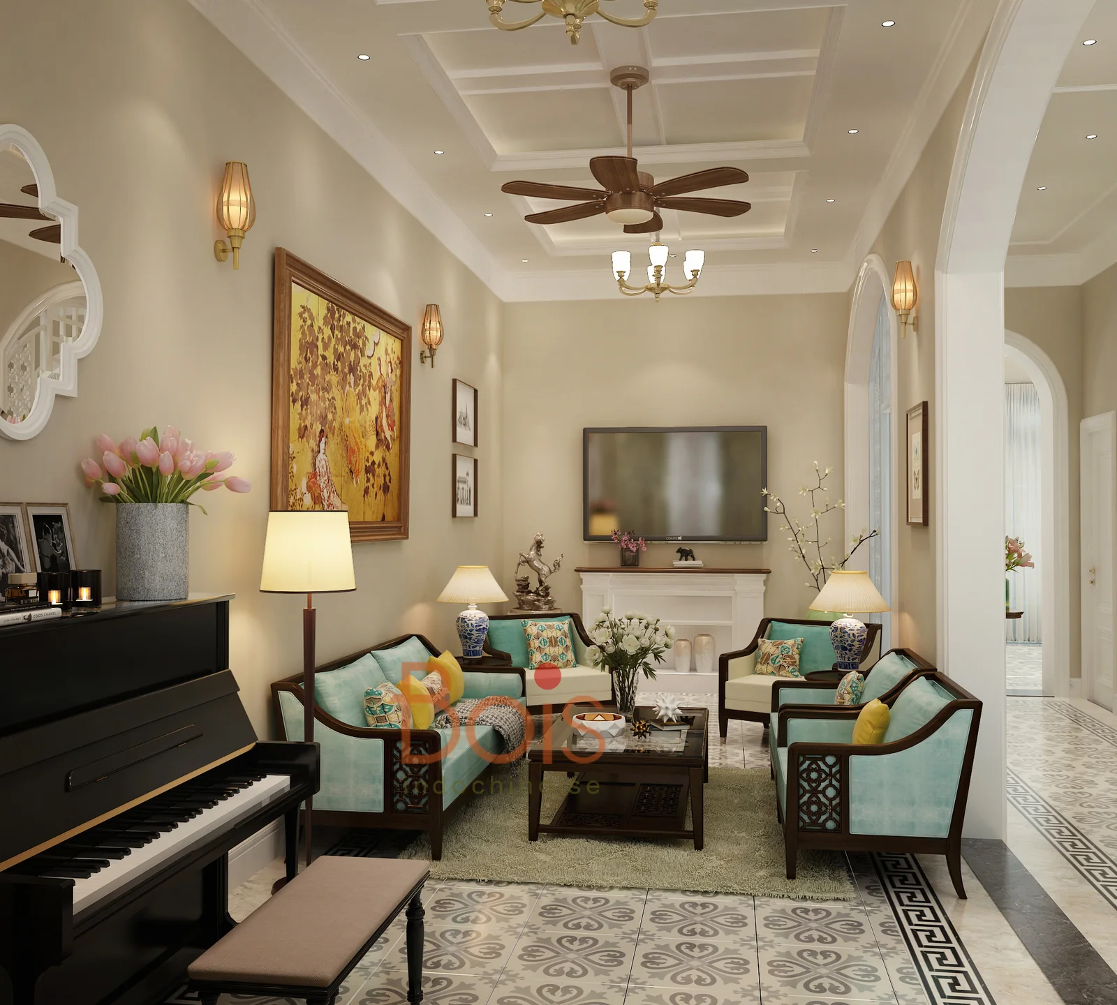 Phối cảnh thiết kế — Góc rộng phòng khách, từ khu ghế ngồi tới ô vòm nối với sảnh.