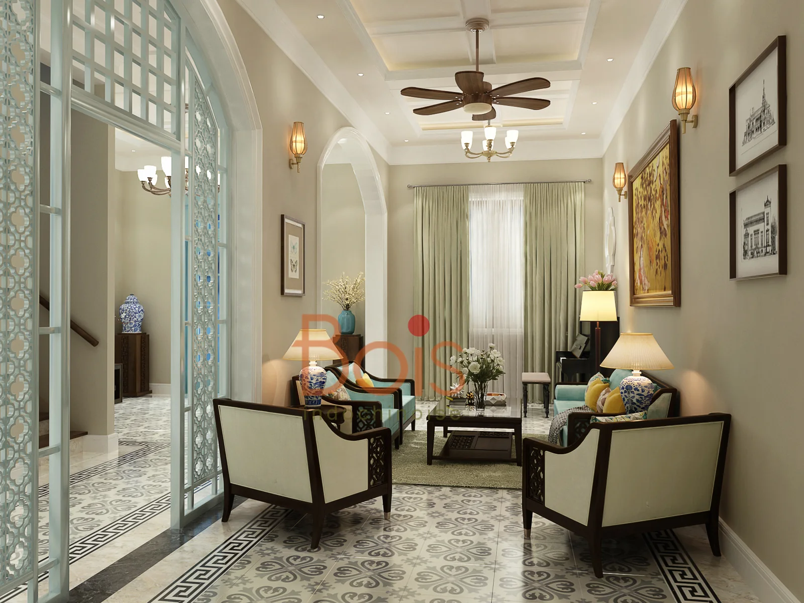 Phối cảnh thiết kế — Góc nhìn ngược trong phòng khách, giúp đọc mối liên hệ giữa chỗ ngồi, cửa và các khoảng mở.