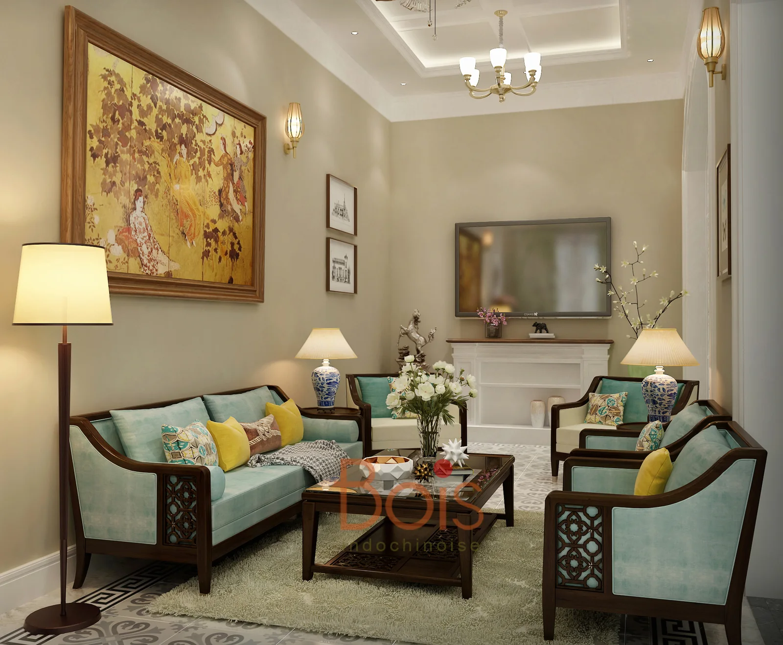 Phối cảnh thiết kế — Phòng khách nhìn gần khu ghế ngồi và tranh trong phương án thiết kế.