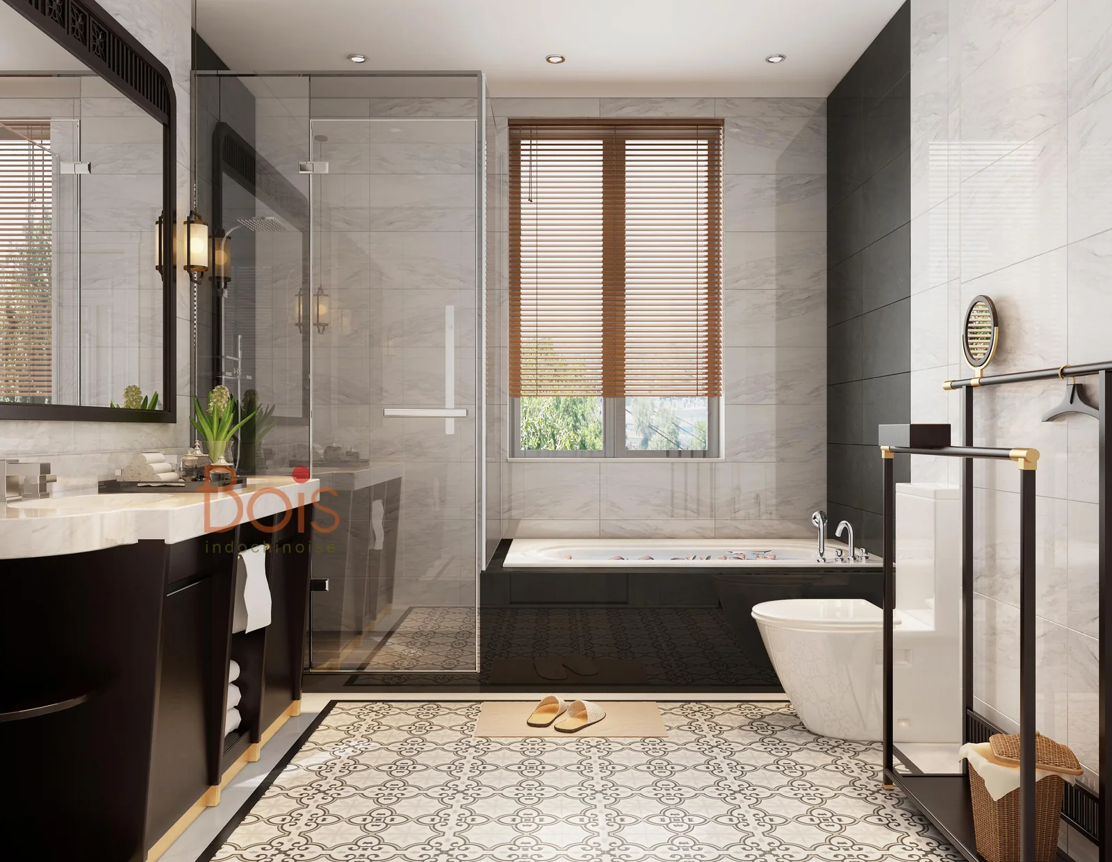 Phối cảnh thiết kế — Phối cảnh phòng tắm, thể hiện cách tổ chức thiết bị và bề mặt.