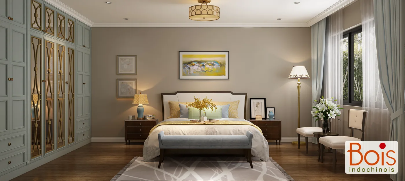 Phối cảnh thiết kế — Phương án phòng ngủ master với nền màu nhẹ và mảng tủ xanh xám có họa tiết.