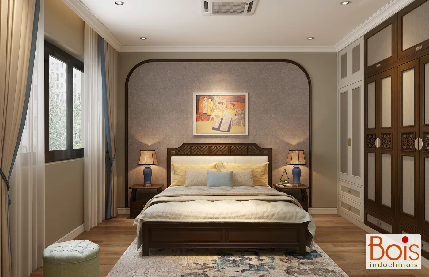 Phối cảnh thiết kế — Phương án phòng dành cho bà, với nền sáng và khung giường gỗ sẫm.