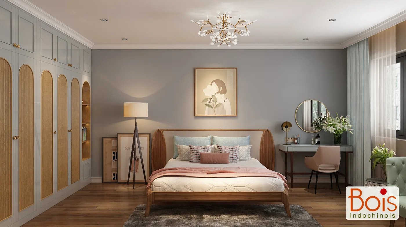 Phối cảnh thiết kế — Phương án phòng con gái với hệ tủ xanh nhạt và các ô bo tròn màu gỗ.