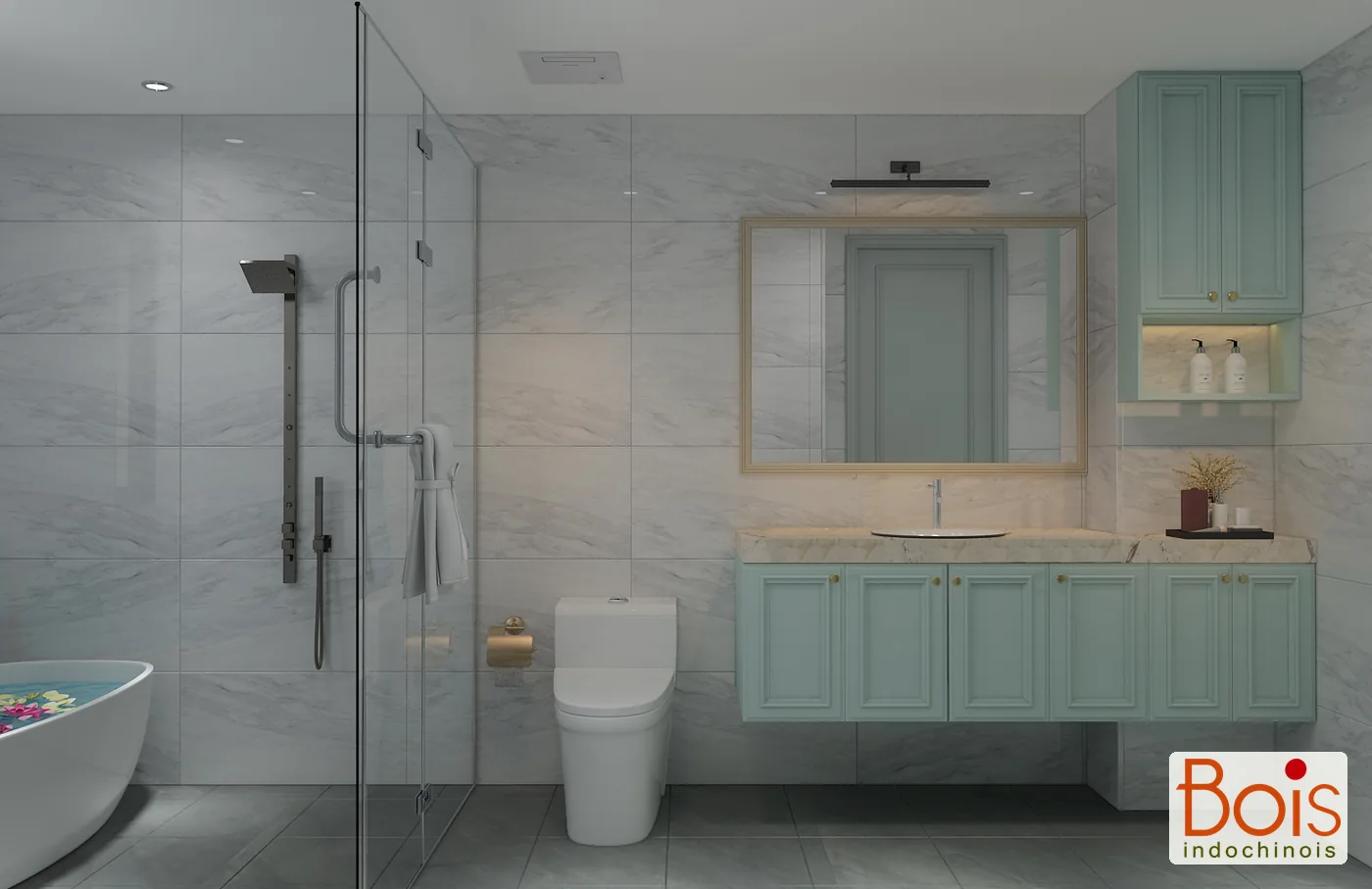 Phối cảnh thiết kế — Phương án khu vệ sinh; vị trí WC giữ nguyên theo hiện trạng.