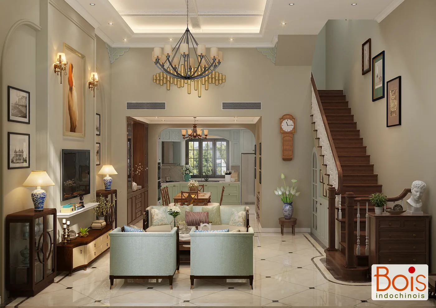 Phối cảnh thiết kế — Góc bổ sung trong phòng khách + bếp.