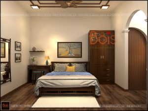 Không gian phòng ngủ là sự kết hợp giữa giường gỗ gụ, tủ quần áo và bàn trang điểm gỗ sồi mà vẫn tạo nên một không gian hài hòa và lãng mạn.