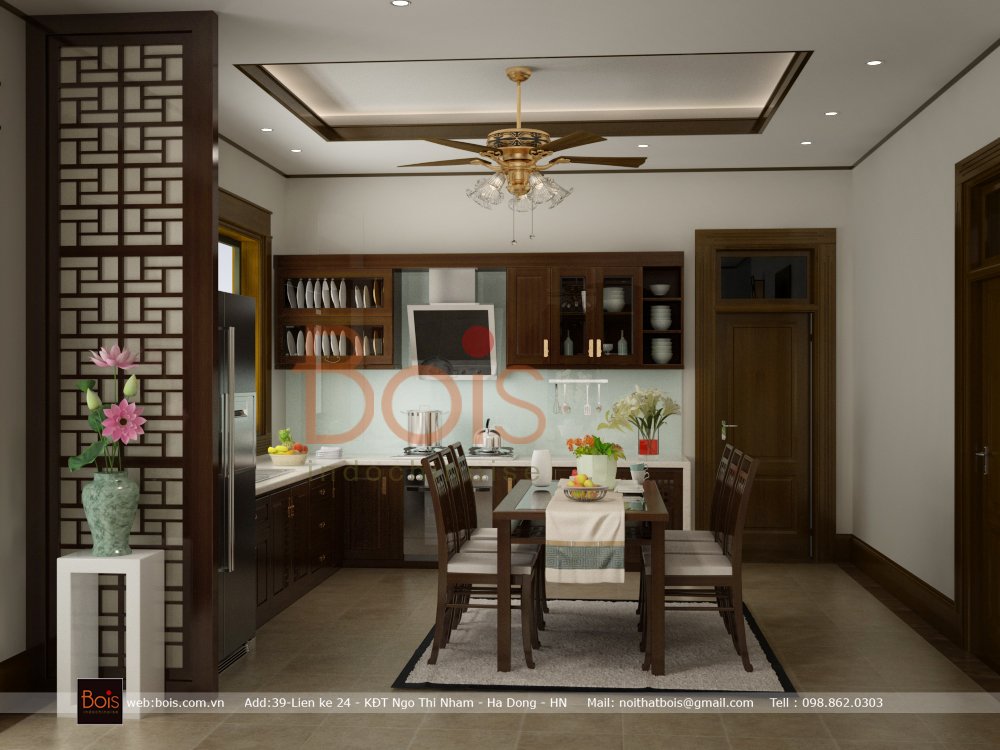 Nội thất phòng khách Phương án 2, sự thay đổi bố cục phòng bếp, và mẫu thiết kế bộ sofa gỗ.