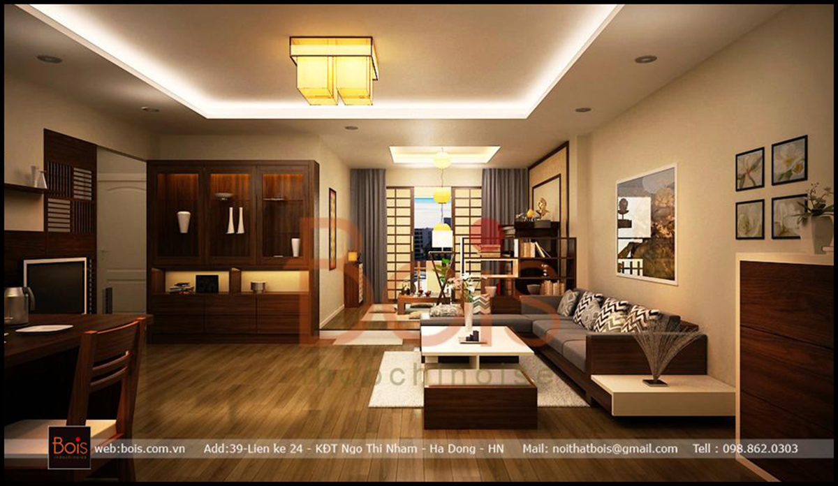 Nguyên tắc thiết thế nội thất nhà ở Mẫu thiết kế phòng khách với tiêu chí của khách hàng là gọn gàng ,hiện đại nhưng phảng phất một chút phong cách Nhật Bản