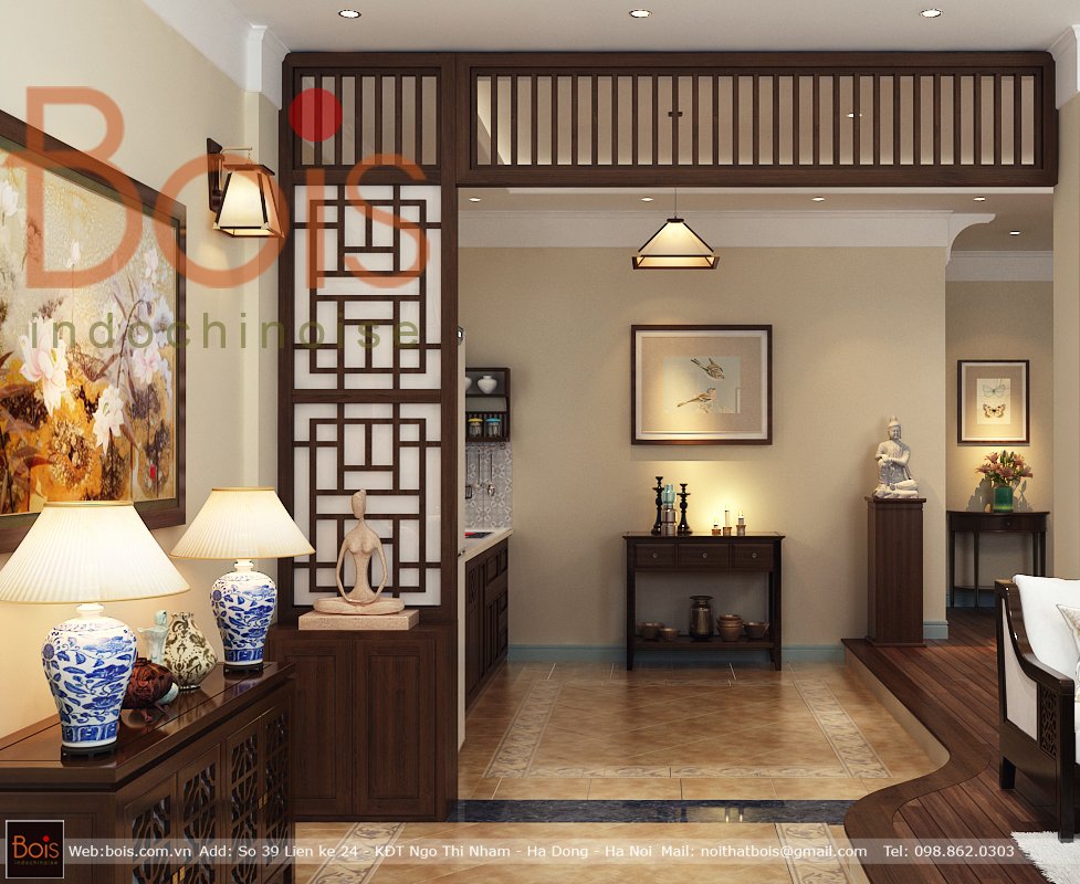 Vách ngăn phòng gỗ phù hợp với nội thất Grand bois trong thiết kế phong cách Đông Dương