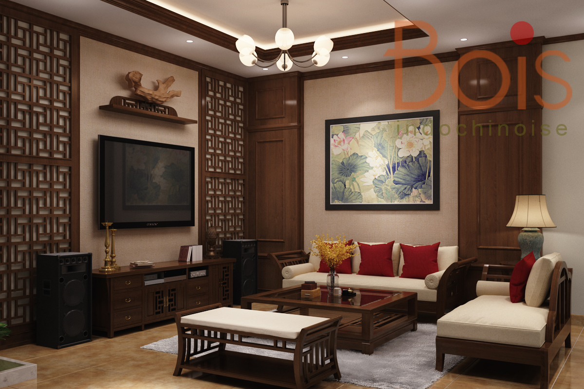 Một vài mẫu thiết kế điển hình về nội thất phòng khách bày trí theo phong cách Đông Dương của Bois Indochinois