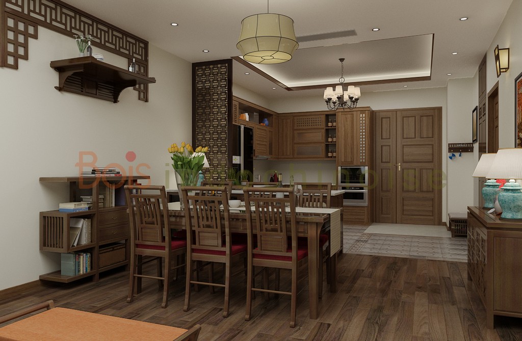Trong không gian phòng bếp phong cách Indochine đã được kiến trúc sư khéo léo bố trí để thể hiện hoàn hảo nét đẹp truyền thống rất riêng của dân tộc Việt, phảng phất chút trang nghiêm, kín đáo của văn hóa Á Đông