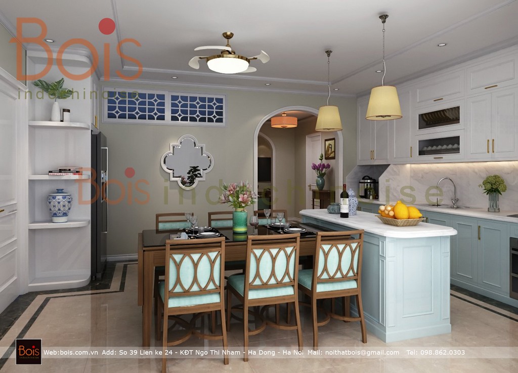 Thiết kế nội thất phòng bếp theo phong cách Indochine mang đến cái nhìn về một vẻ đẹp tinh tế, mới mẻ cho không gian nấu nướng của gia đình