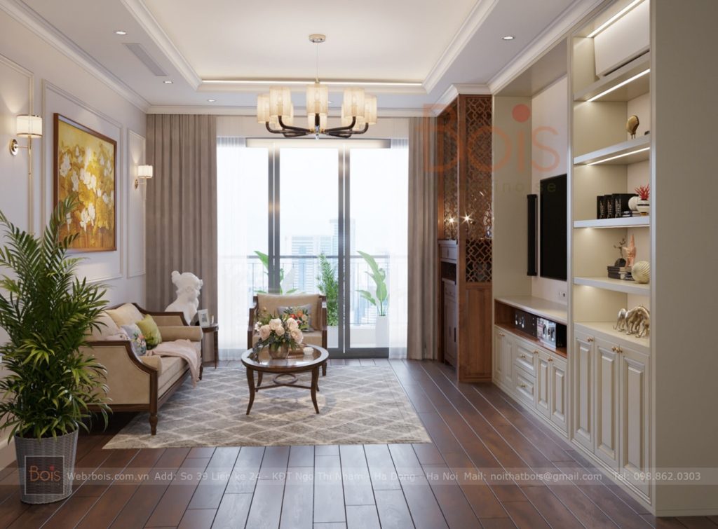 Thiết kế nội thất chung cư 80m2 phòng khách liên thông với phòng bếp